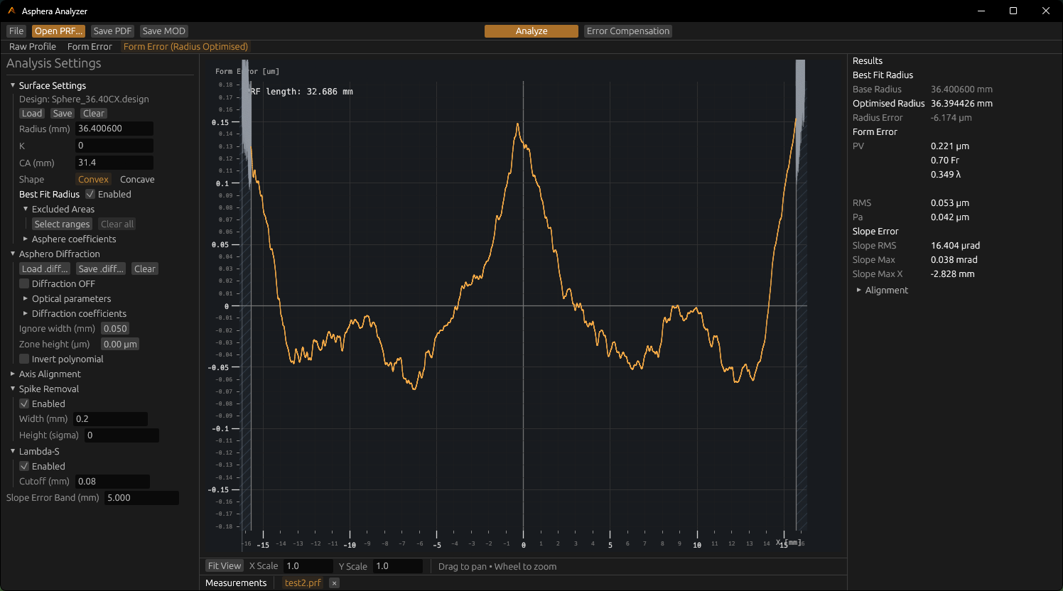Asphera Analyzer showing a loaded profile, Form Error (Radius Optimised), surface settings, and Best Fit Radius results.